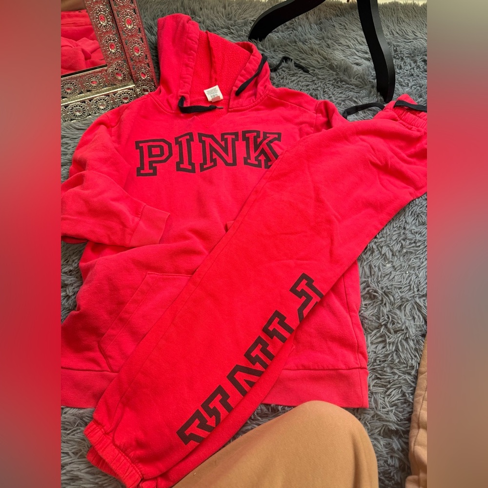 ⭐️PINK‎ Victoria's Secret Red Hoodie and Sweatpants Set